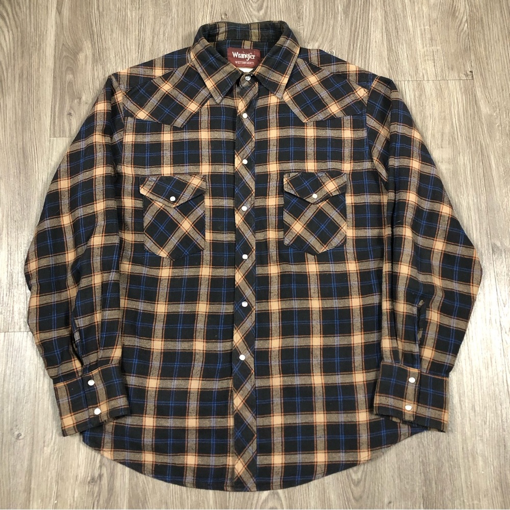 VTG Wrangler Western Flannel Shirt Jacket Mens Sz L Pearl Snap Brown Blue Plaid